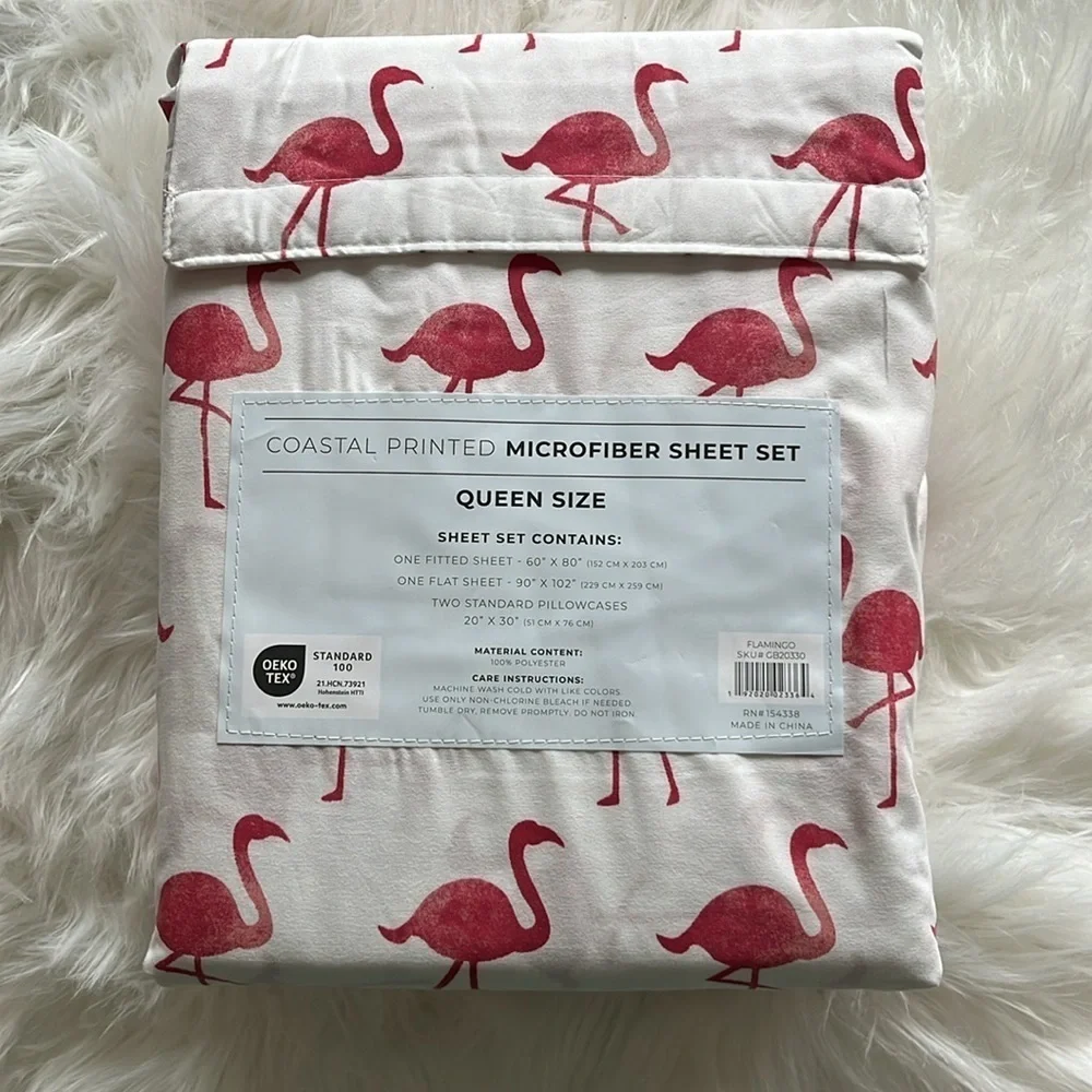 🆕 Coastal Microfiber Sheet Set Flamingos Queen